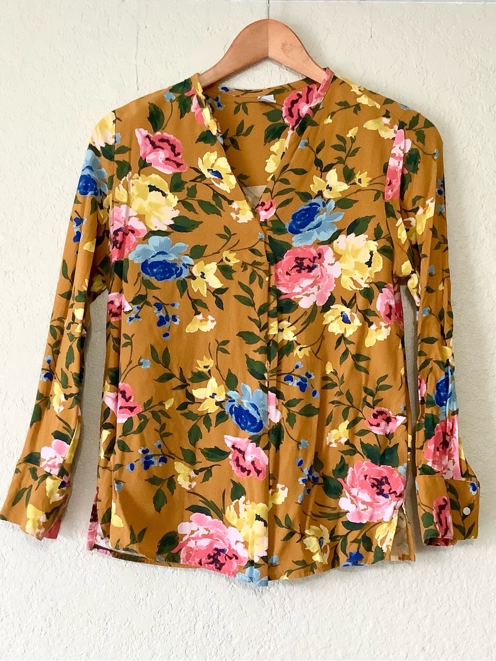 Old Navy Floral V-Neck Blouse in Mustard with Pink & Blue Flowers